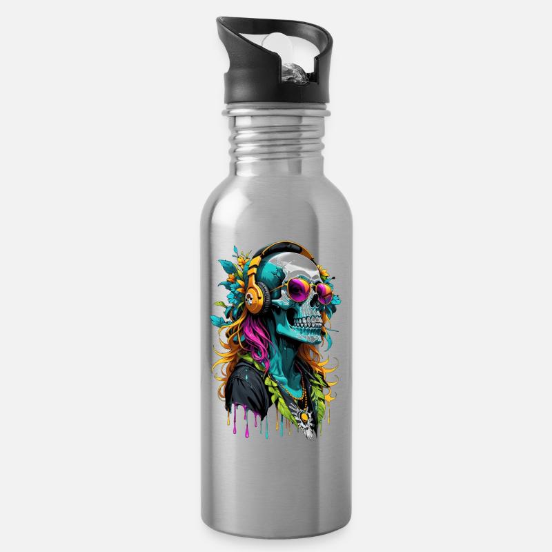 Hippie-DJ Totenkopf - Trinkflasche mit integriertem Trinkhalm - Lightsilver