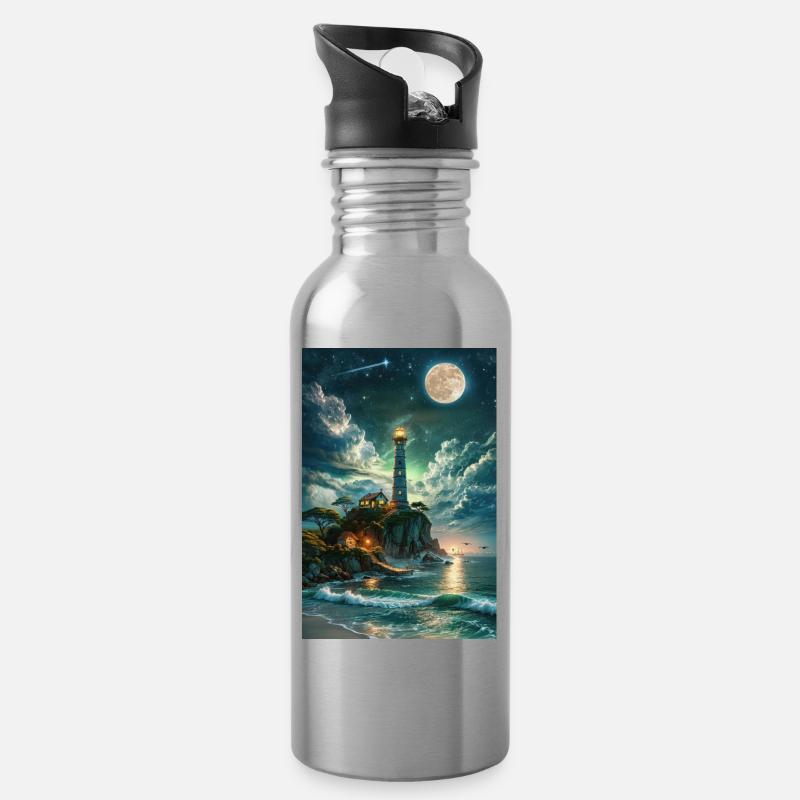 Der Leuchtturm im Mondlicht - Trinkflasche mit integriertem Trinkhalm - Lightsilver