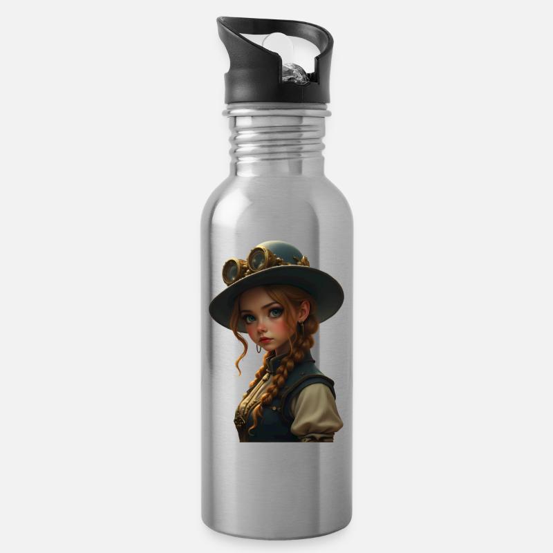 Ms. Fox Steampunk - Trinkflasche mit integriertem Trinkhalm - Lightsilver