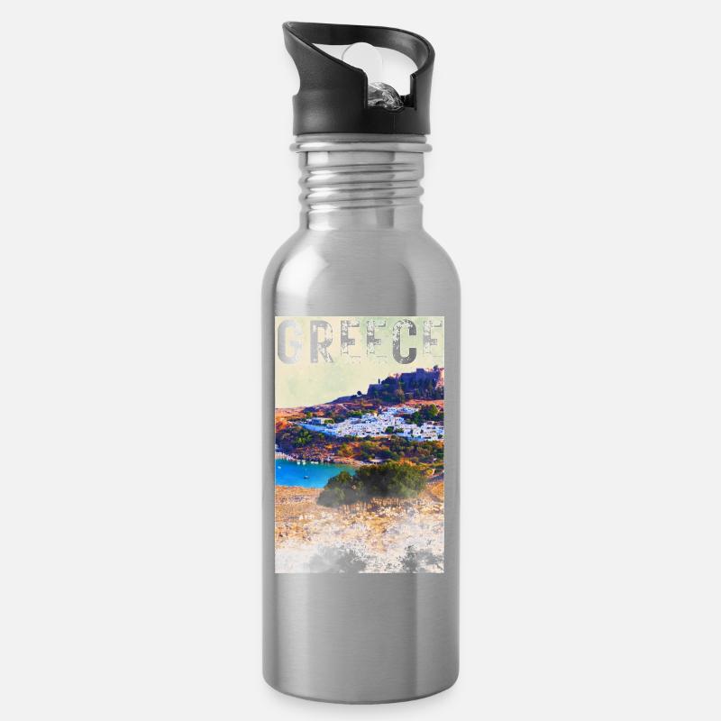 Grèce Affiche de voyage vintage avec la ville de Lindos - Gourde avec paille intégrée - argent clair