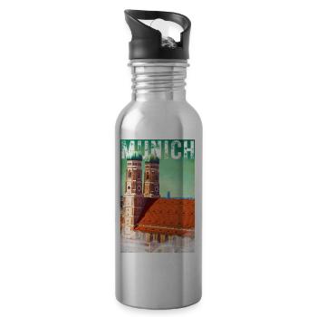 Munich Vintage Travel Poster with the Frauenkirche - Water bottle with straw - silver - Right