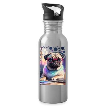 Bürohund Mops mit Laptop und pinker Brille Pop Art - Trinkflasche mit integriertem Trinkhalm - Lightsilver - Rechts