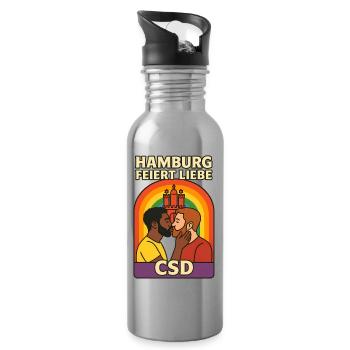 Hamburg celebrates love CSD men - Water bottle with straw - silver - Right