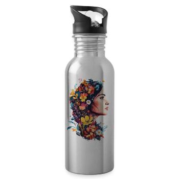 Frauenkopf Blumen Weltfrauentag Kreativ Abstrakte - Trinkflasche mit integriertem Trinkhalm - Lightsilver - Rechts