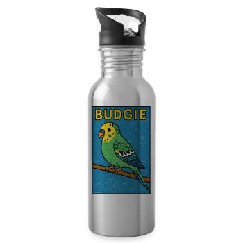 Budgie Cartoon - Weathered Look - Water bottle with straw - silver - Right