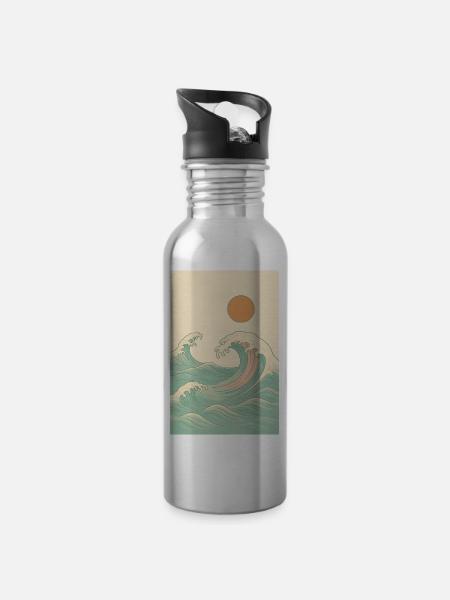 A summery picture by the sea - Water bottle with straw - silver