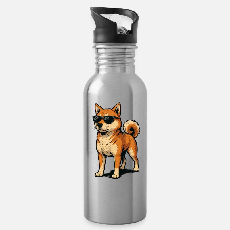Shiba mit cooler Sonnenbrille - Trinkflasche mit integriertem Trinkhalm - Lightsilver
