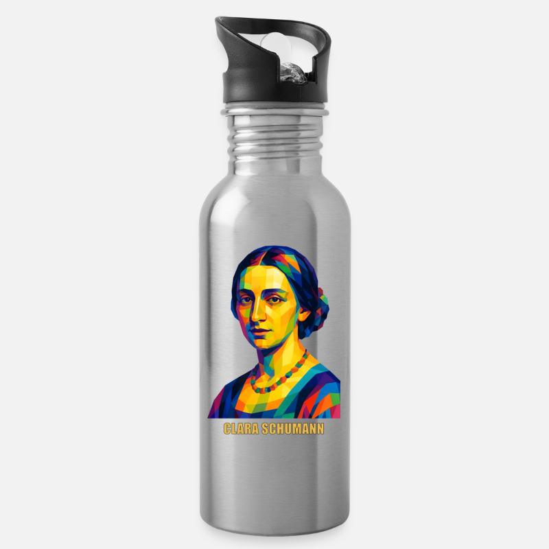 WPAP Polygon Portrait Clara Schumann Komponistin - Trinkflasche mit integriertem Trinkhalm - Lightsilver