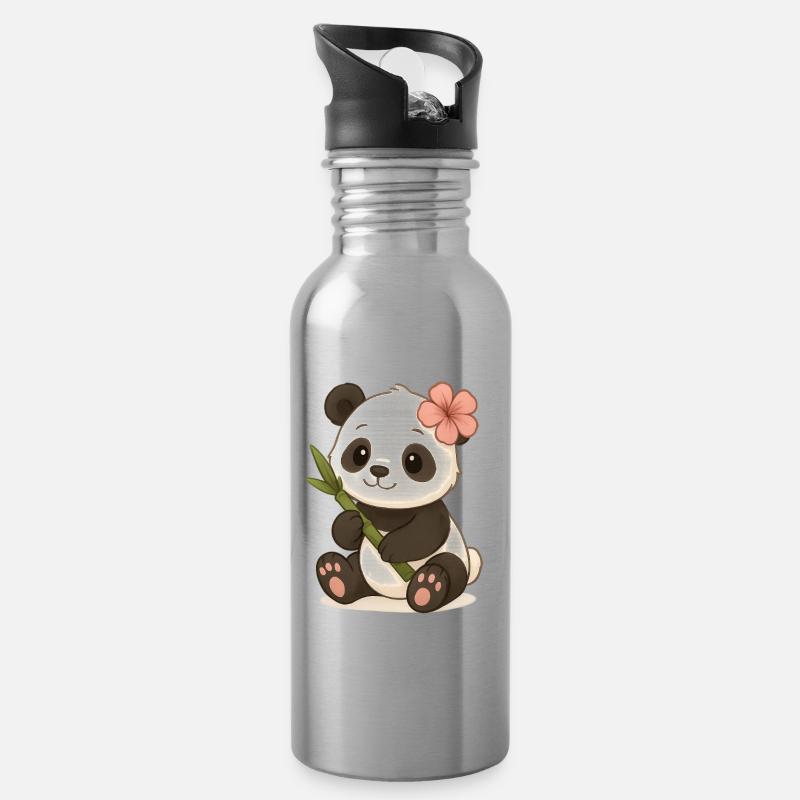 Niedlicher Pandabär mit Hibiskusblatt - Trinkflasche mit integriertem Trinkhalm - Lightsilver