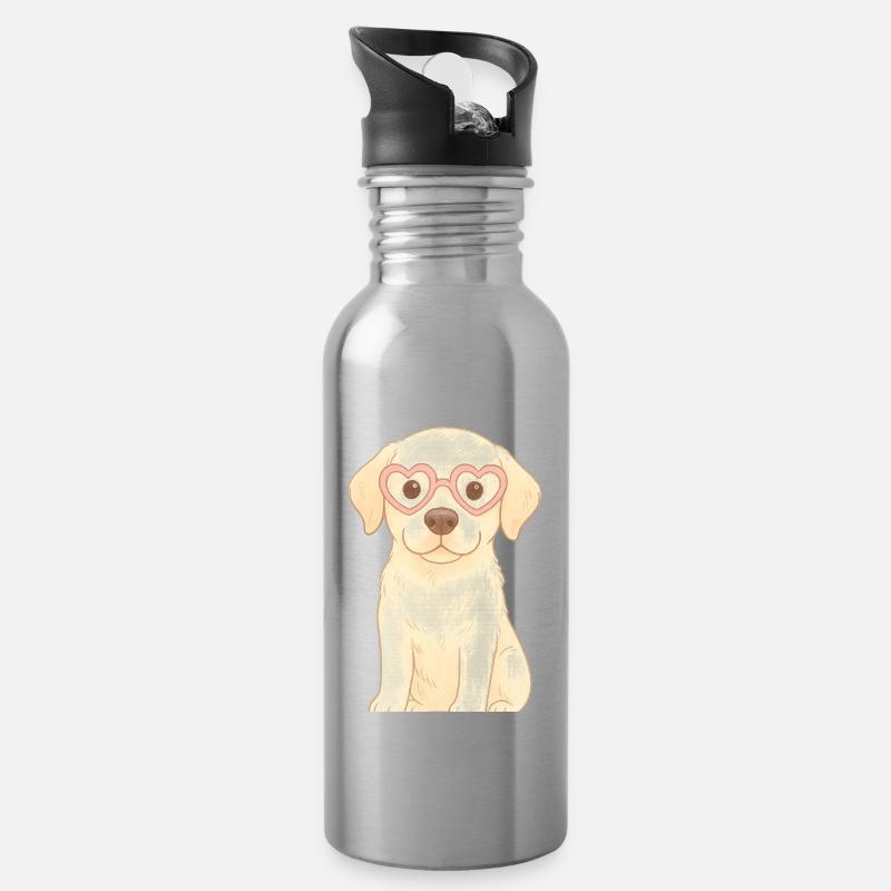 Verspielter Hund mit Herzbrille - Trinkflasche mit integriertem Trinkhalm - Lightsilver