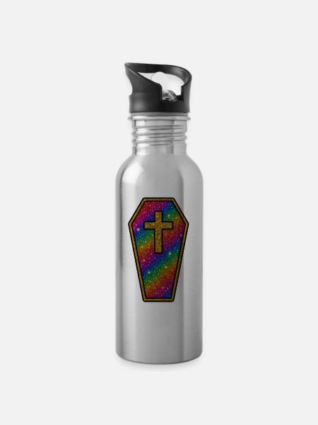 Halloween Sarg | Regenbogen Glitzer Sargkreuz - Trinkflasche mit integriertem Trinkhalm - Lightsilver