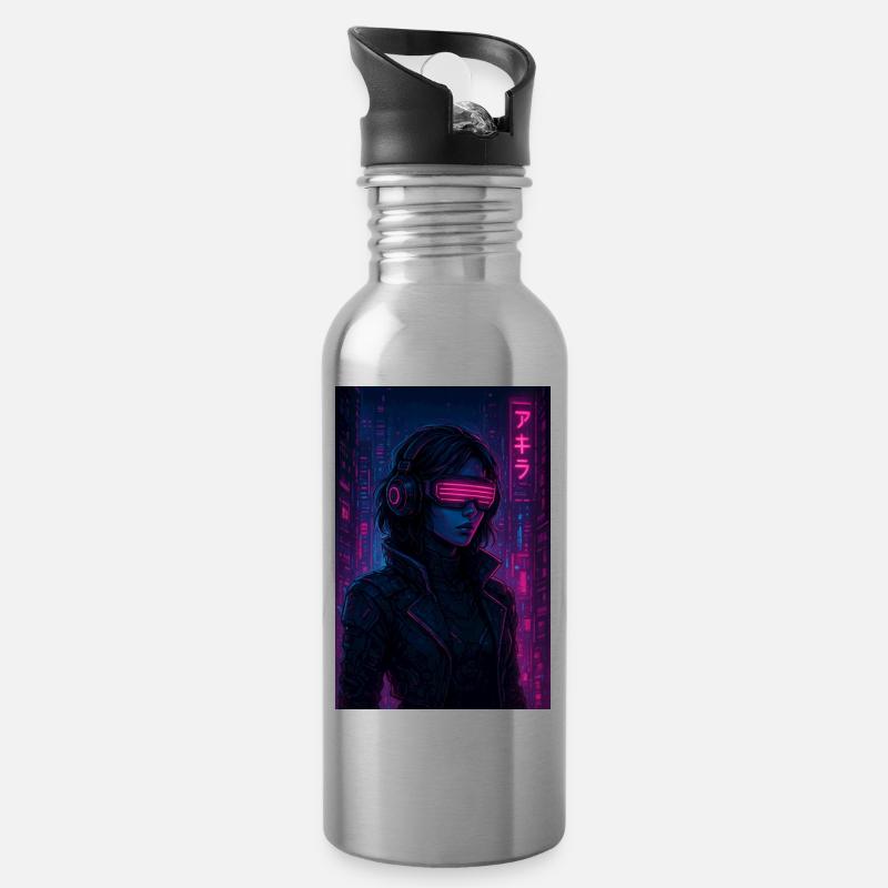 Cyberpunk Neon Pilot - Trinkflasche mit integriertem Trinkhalm - Lightsilver