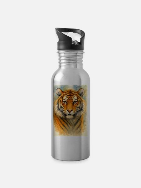 Portrait de tigre à l’aquarelle - Gourde avec paille intégrée - argent clair