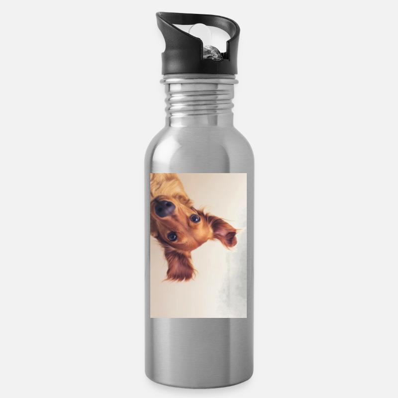 Curious Pup Portrait - Water bottle with straw - silver