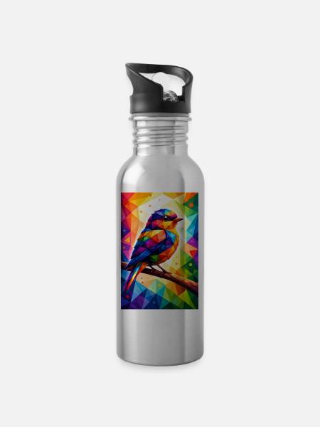 Farbenfroher Vogel im geometrischen Mosaik - Trinkflasche mit integriertem Trinkhalm - Lightsilver