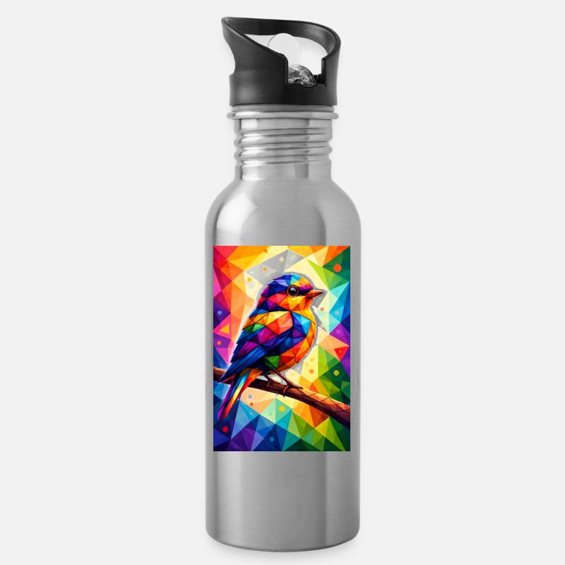 Farbenfroher Vogel im geometrischen Mosaik - Trinkflasche mit integriertem Trinkhalm - Lightsilver