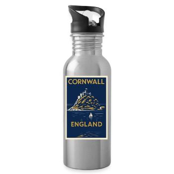 Cornwall England – Art Deco Travel Poster - Water bottle with straw - silver - Right