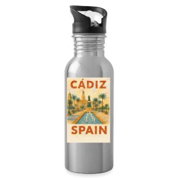 Cádiz Spain – Watercolor Travel Poster Plaza - Water bottle with straw - silver - Right