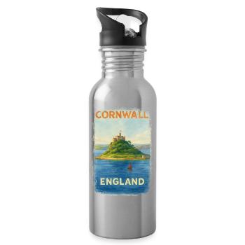 Cornwall England – Watercolor Travel Poster - Water bottle with straw - silver - Right