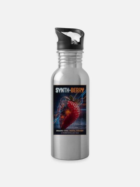 Synth-Beere: Kybernetische Erdbeere - Trinkflasche mit integriertem Trinkhalm - Lightsilver