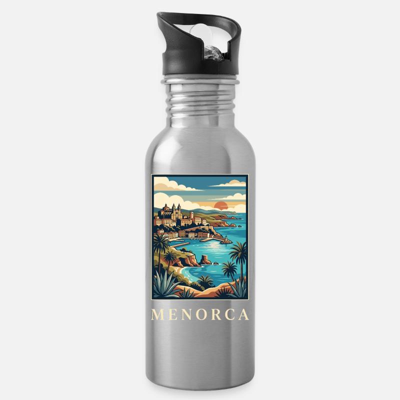 Menorca Cliffside Coast Poster Spanien Reiseposter - Trinkflasche mit integriertem Trinkhalm - Lightsilver