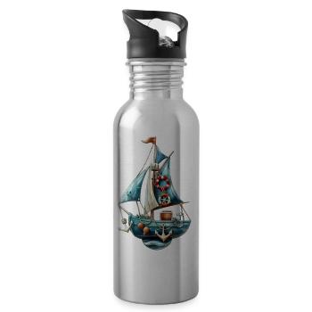 Voilier maritime bleu vintage - Gourde avec paille intégrée - argent clair - Droite
