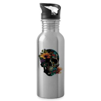 Human Skull & Flowers 40 - Water bottle with straw - silver - Right