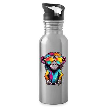 Affe / Tier / Zoo / Babian / Wild / Comic - Trinkflasche mit integriertem Trinkhalm - Lightsilver - Rechts