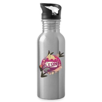 LEON - Beautiful boy name with cute dinosaurs - Water bottle with straw - silver - Right