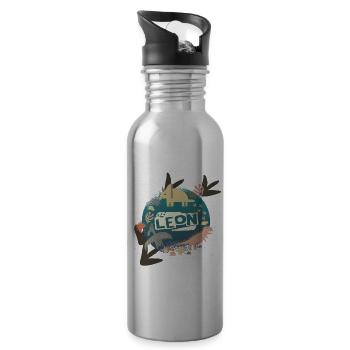 LEON - Beautiful boy name with cute dinosaurs - Water bottle with straw - silver - Right