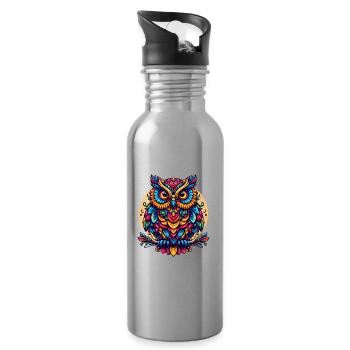 OWL EAGLE OWL BIRD OF PREY TAWNY OWL FEATHER RAINBOW COLORFUL - Water bottle with straw - silver - Right