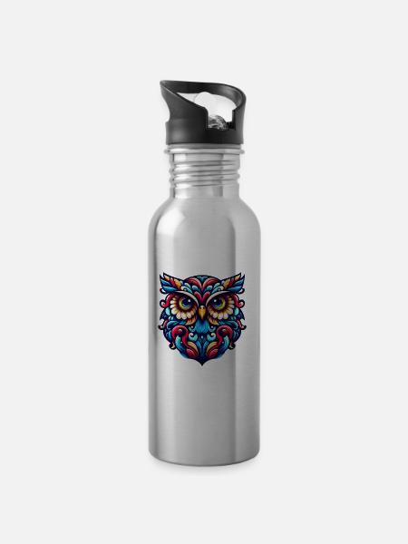 EULE UHU GREIFVOGEL WALDKAUZ FEDER REGENBOGEN BUNT - Trinkflasche mit integriertem Trinkhalm - Lightsilver