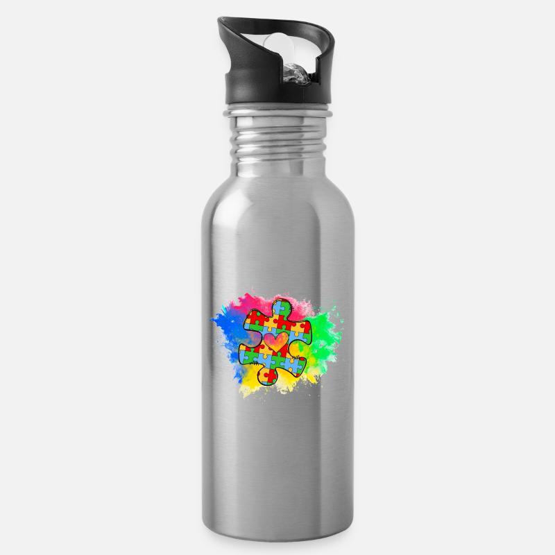Autismus-Puzzle - Trinkflasche mit integriertem Trinkhalm - Lightsilver