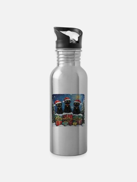 Schwarze Katzen mit Weihnachtsgeschenke - Trinkflasche mit integriertem Trinkhalm - Lightsilver
