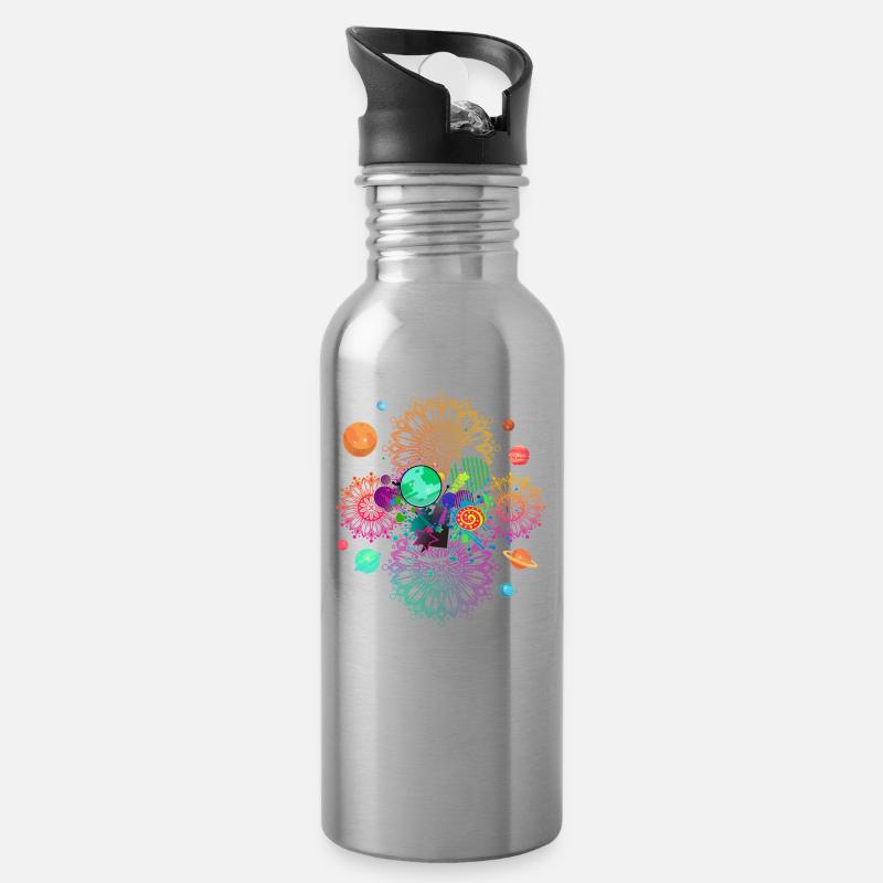 Mandala Psychedelic - Trinkflasche mit integriertem Trinkhalm - Lightsilver