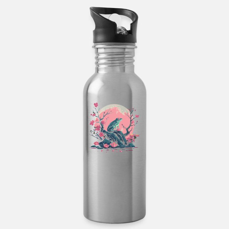 Grenouille Crapaud Japon Cerisier Fleur Lune - Gourde avec paille intégrée - argent clair