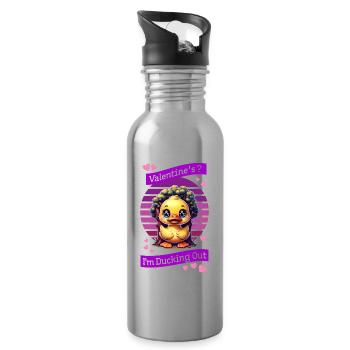 Whimsical Cartoon Duck Behind Tree Celebrating - Water bottle with straw - silver - Right