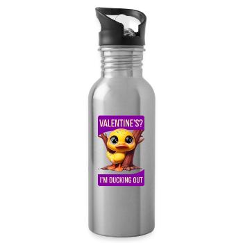 Whimsical Cartoon Duck Hiding Behind Tree valentin - Water bottle with straw - silver - Right