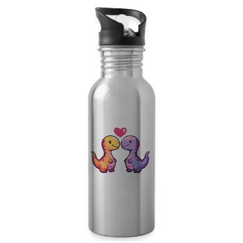 Dinosaure Brontosaure Couple Amour La Saint-Valentin - Gourde avec paille intégrée - argent clair - Droite