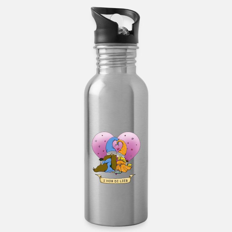 Zwergen Pärchen für Liebende - Bayerisch - Trinkflasche mit integriertem Trinkhalm - Lightsilver