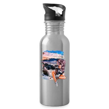 Girl on the Beach Summer Illustration - Water bottle with straw - silver - Right