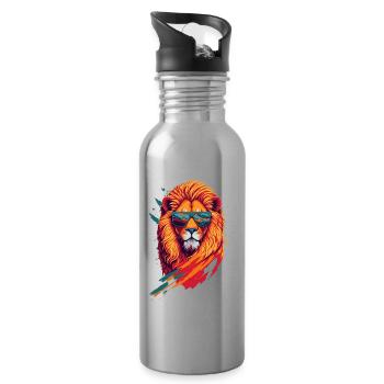 Roaring Retro: Aggressive Lion T-Shirt Art - Water bottle with straw - silver - Right