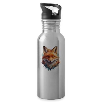 Fox Cartoon Portrait Cool Colorful - Water bottle with straw - silver - Right