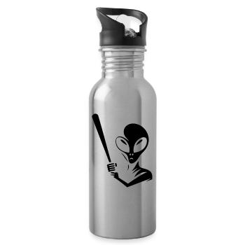 Alien Baseball Player Silhouette Minimalist - Water bottle with straw - silver - Right
