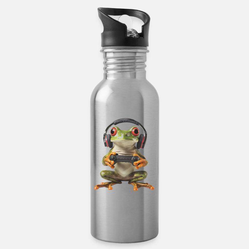 Frosch Gamer - Trinkflasche mit integriertem Trinkhalm - Lightsilver