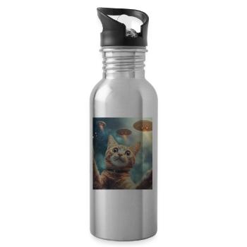 Katze Selfie UFO - Trinkflasche mit integriertem Trinkhalm - Lightsilver - Rechts