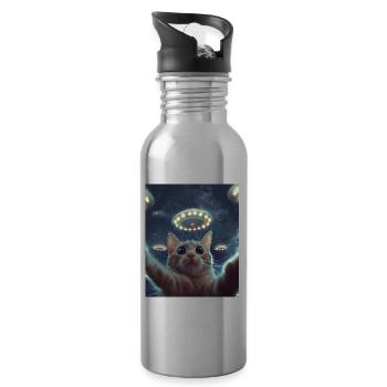 Katze Selfie UFO - Trinkflasche mit integriertem Trinkhalm - Lightsilver - Rechts