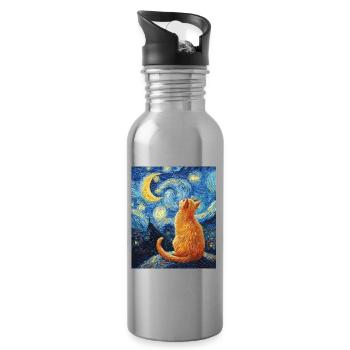 Katze Van Gogh Style - Trinkflasche mit integriertem Trinkhalm - Lightsilver - Rechts