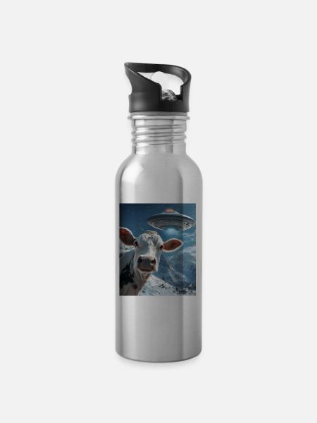 Kuh Selfie mit Ufo - Trinkflasche mit integriertem Trinkhalm - Lightsilver