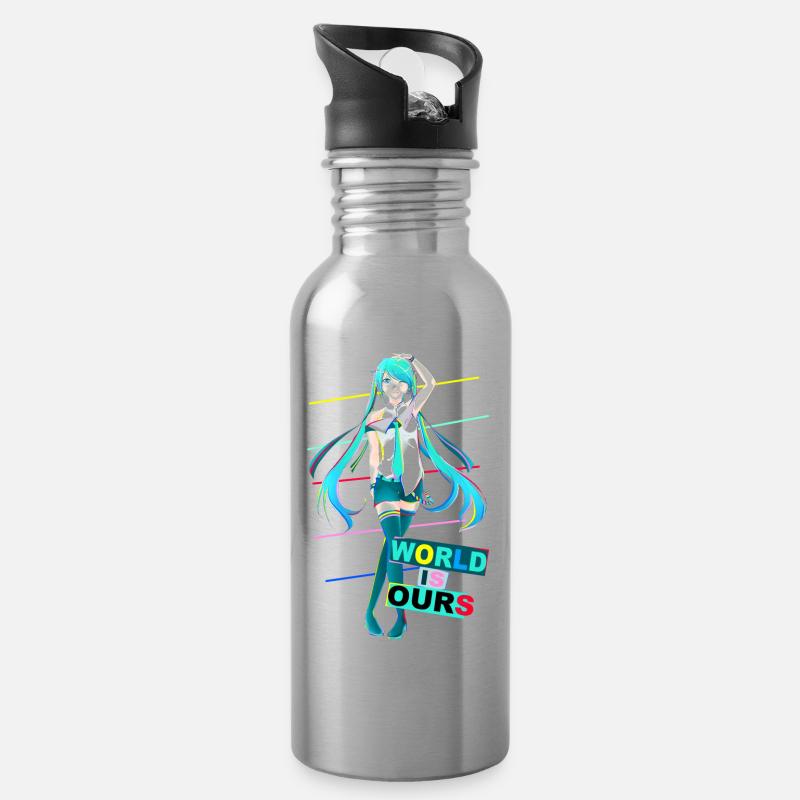 Miku Welt gehört uns - Trinkflasche mit integriertem Trinkhalm - Lightsilver